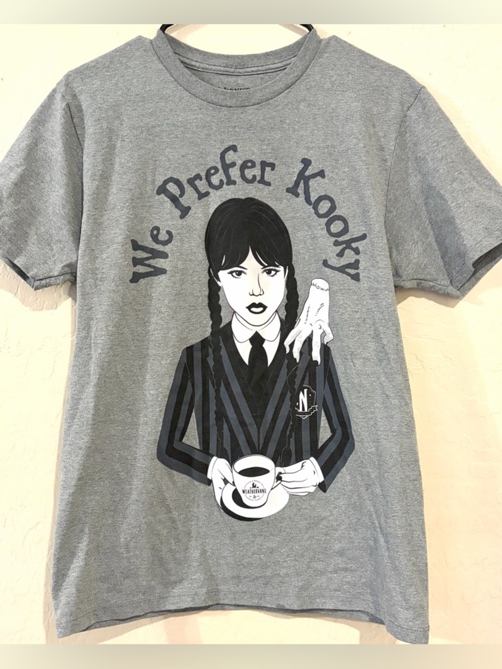 Wednesday Addams “We Prefer Kooky” Graphic Tee Gray Cotton Shirt Size-M